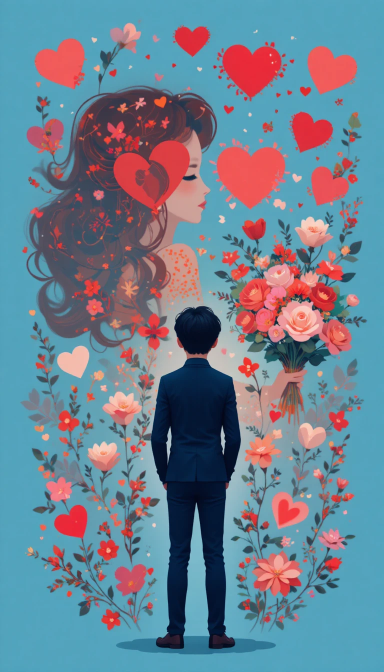 Casal romântico com flores sob uma chuva de corações