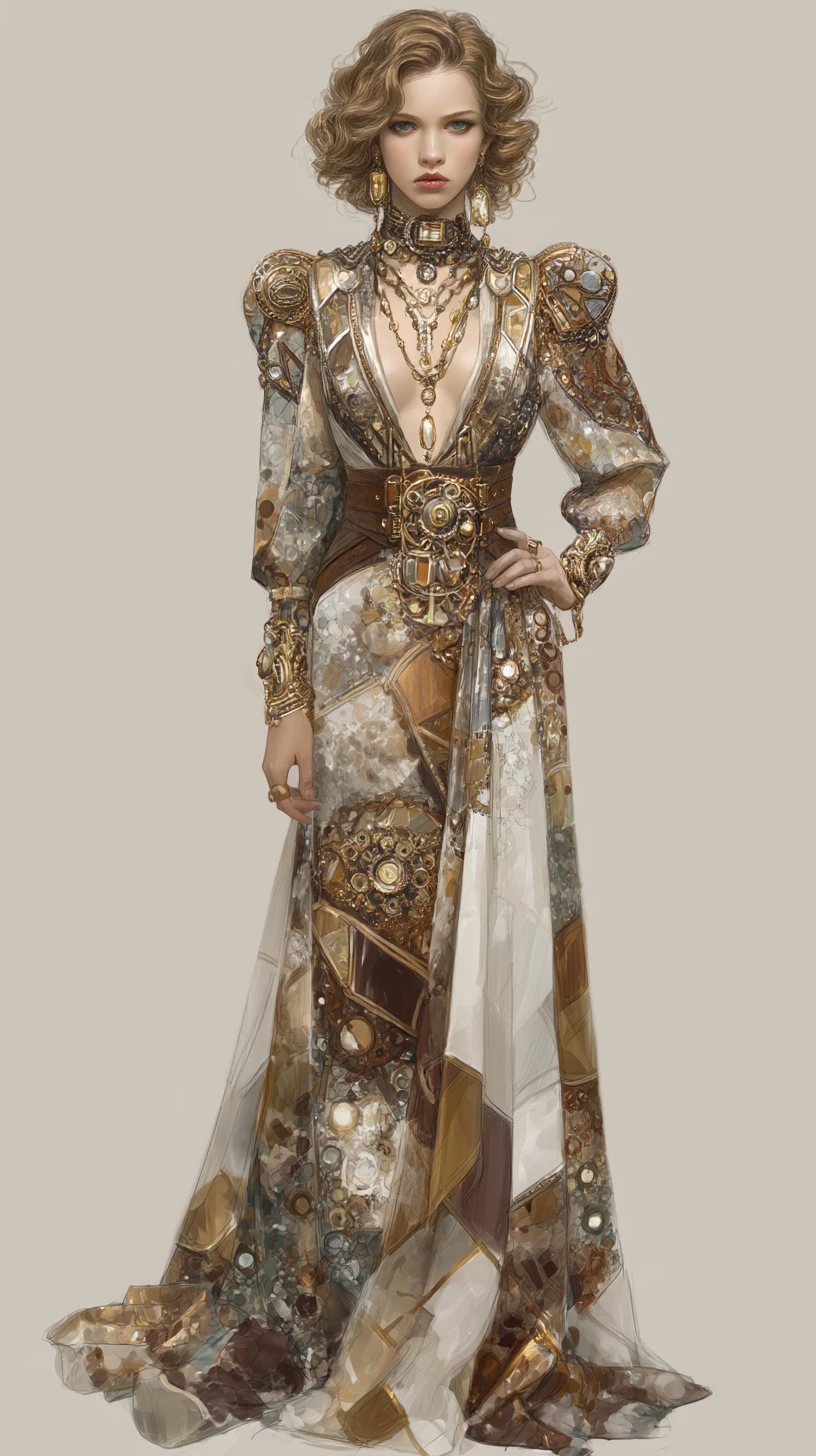 Elegant fashion illustration of woman in art deco steampunk gown