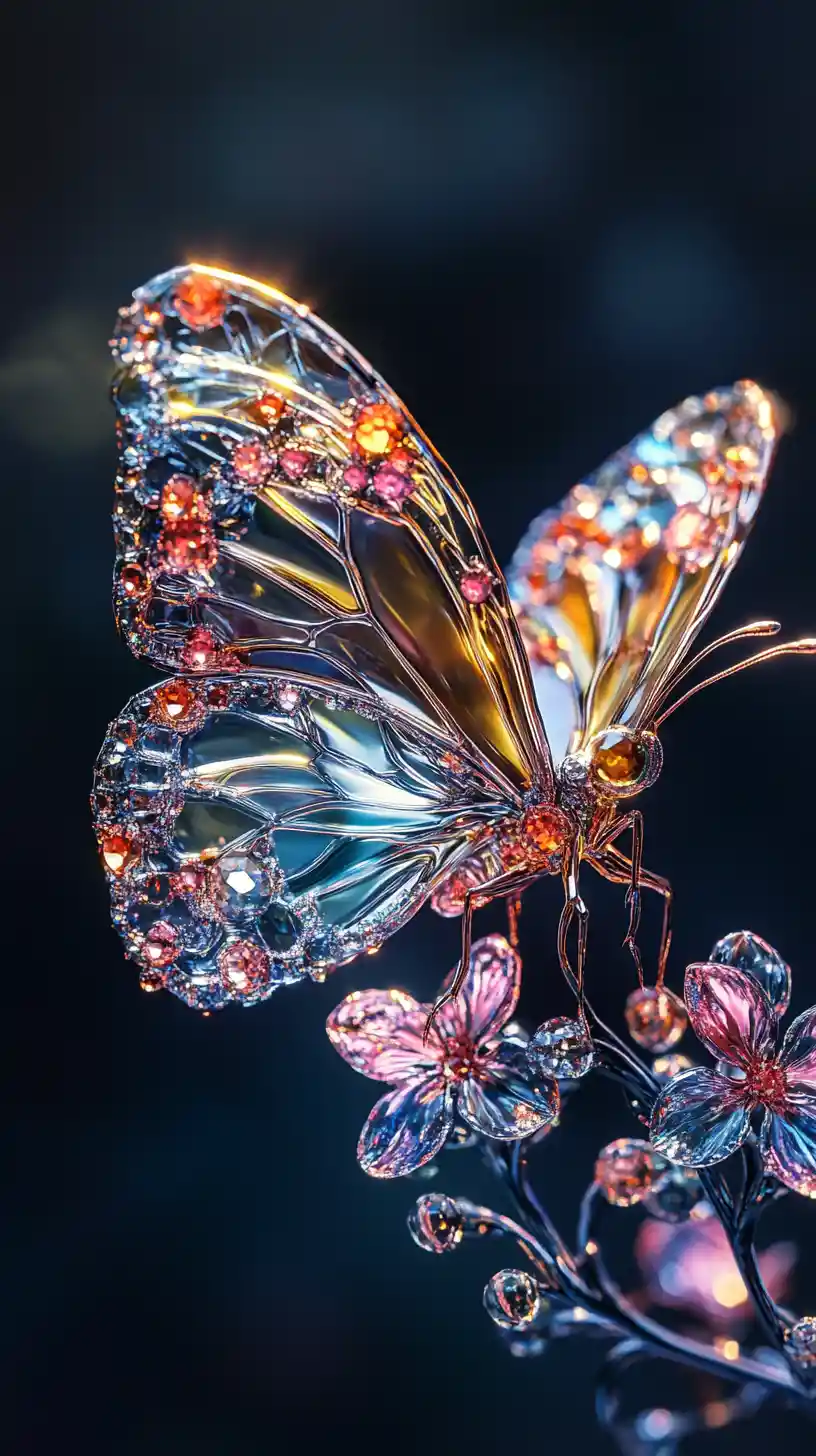 Crystal butterfly on luminous floral branch in darkness