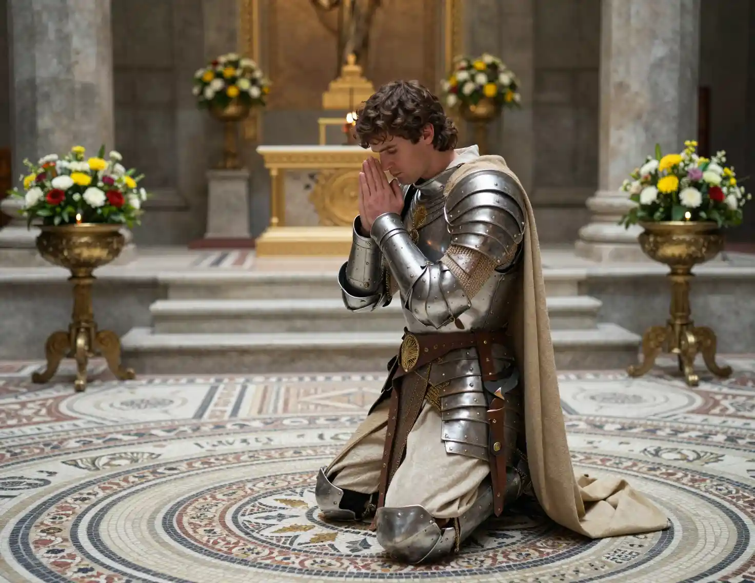 Young paladin praying in a flower filled fantasy temple