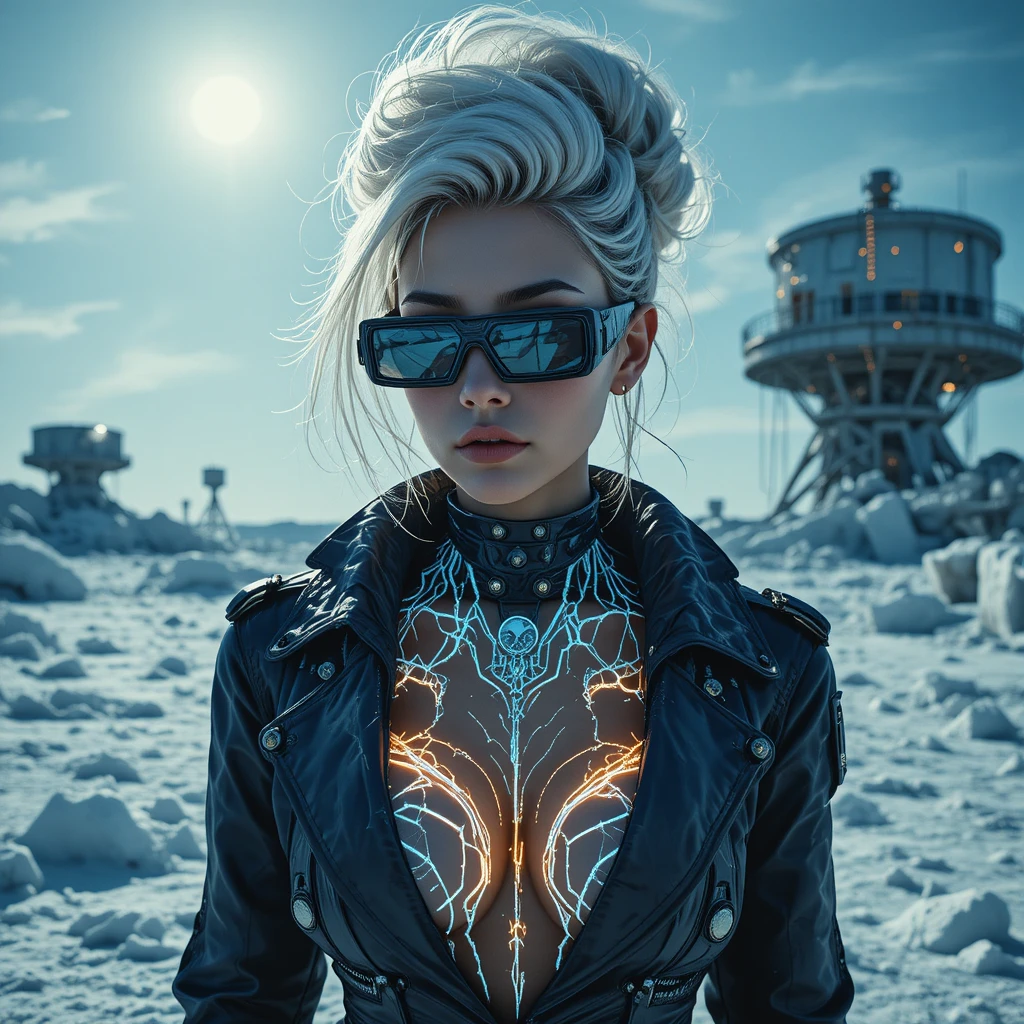 Femme fatale en un puesto de radar ártico cyberpunk – retrato