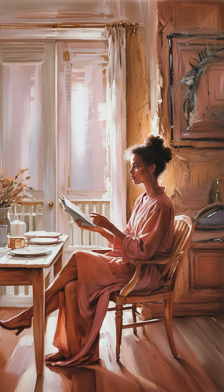 Afro American woman reading by a sunlit window in robes