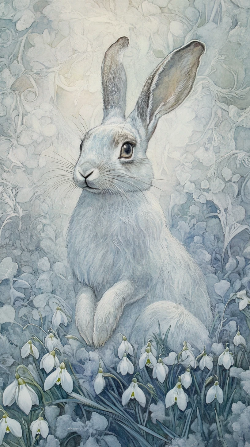 Pintura simbolista de una liebre de nieve entre delicadas campanillas de invierno