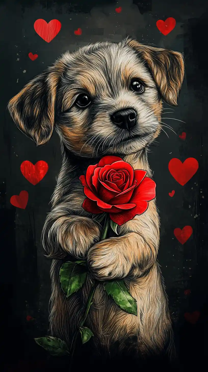 Cute puppy holding a red rose in pencil illustration