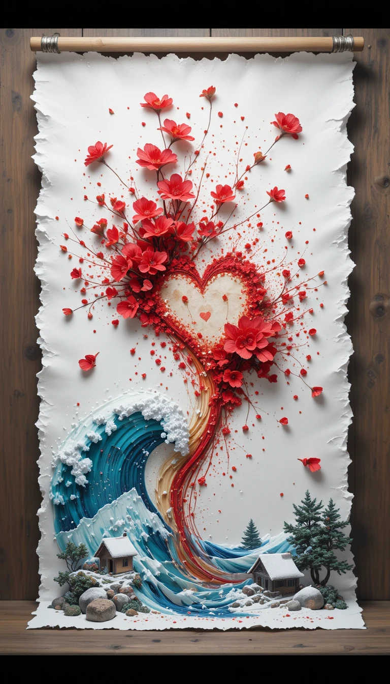 Red floral splash forming a heart on white paper
