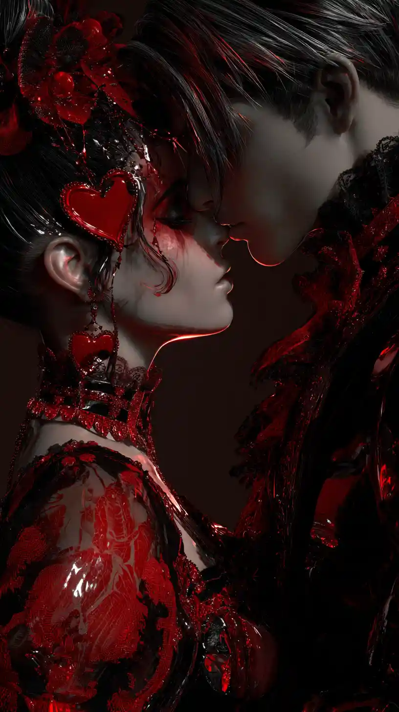 Gothic anime couple in red and black romantic glow