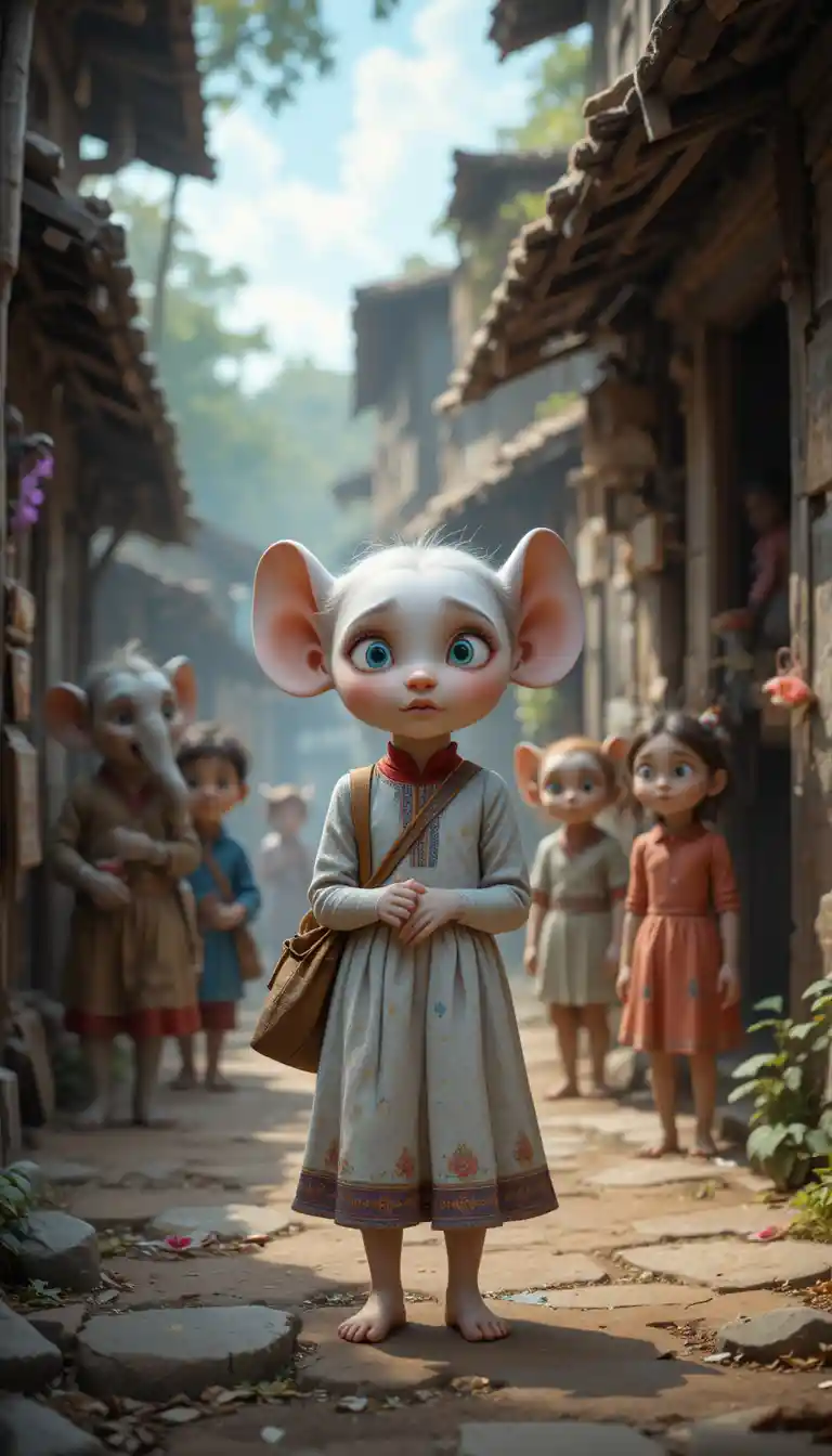 Fillette souris triste dans une ruelle étroite du village avec des écoliers