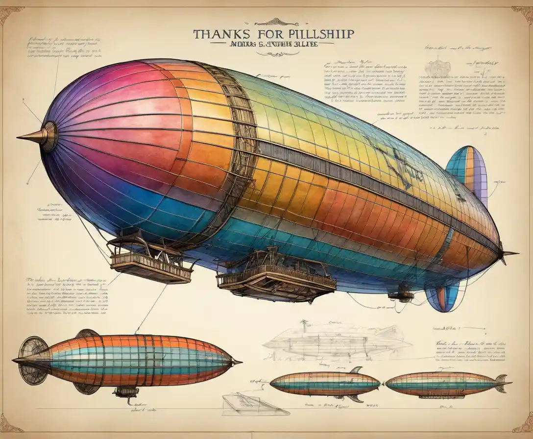 Colorful glowing zeppelin technical drawing with handwritten text