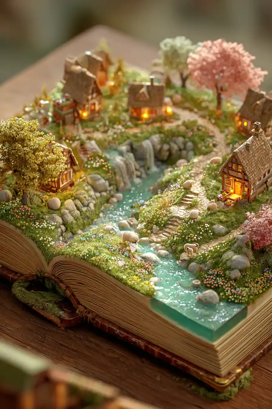 Miniature spring village unfolding from an antique book
