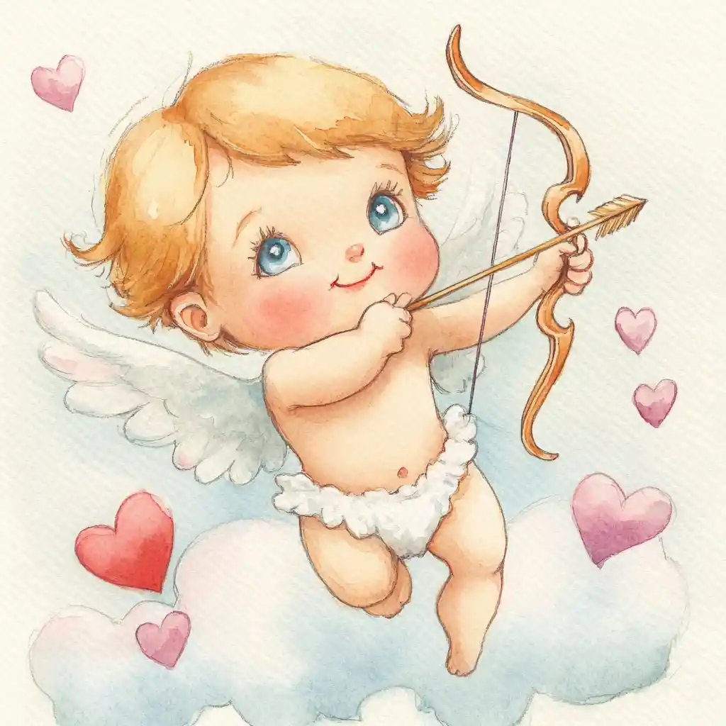 Cute little angel aiming an arrow at a red heart