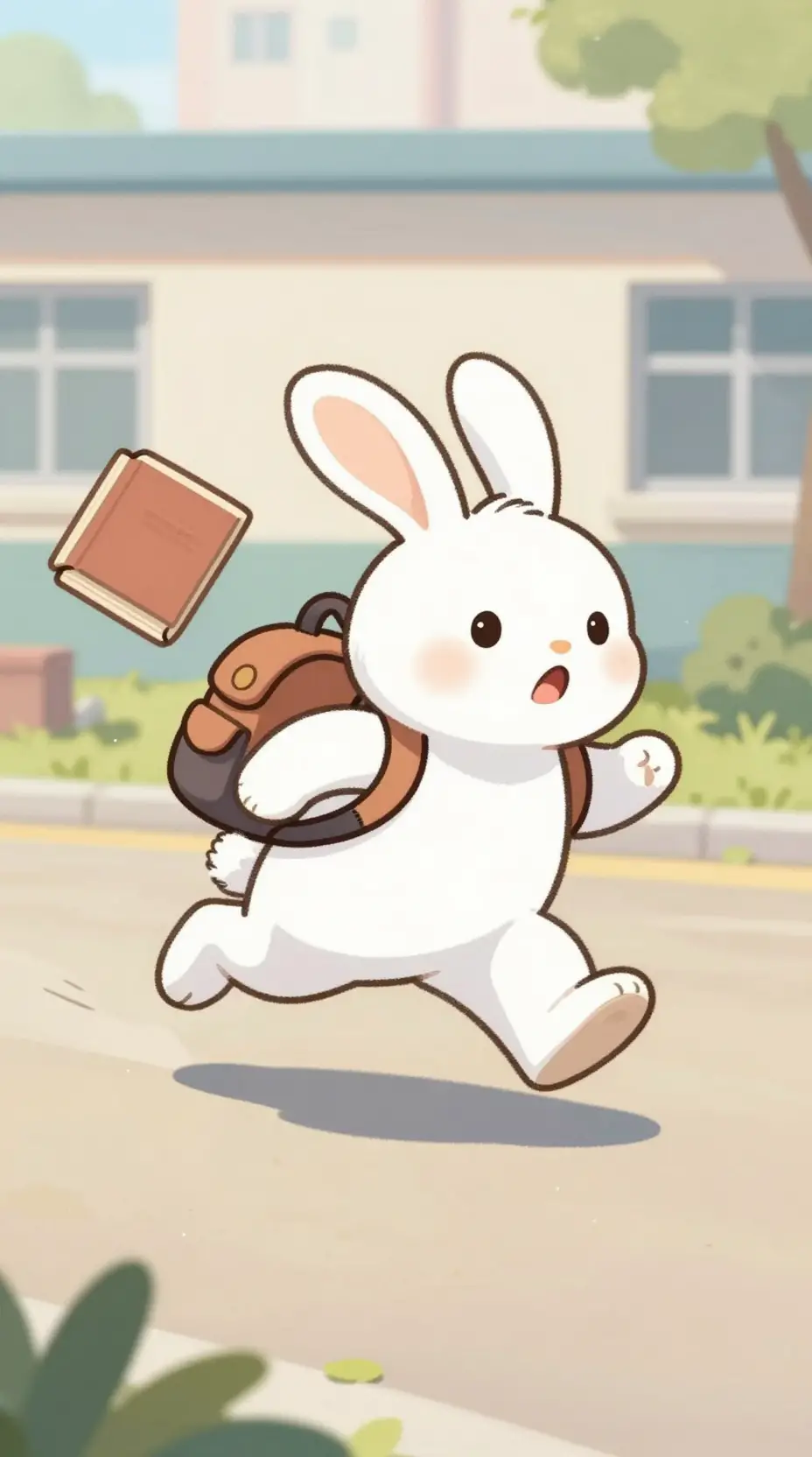 Cute White Rabbit Running To School With Books
