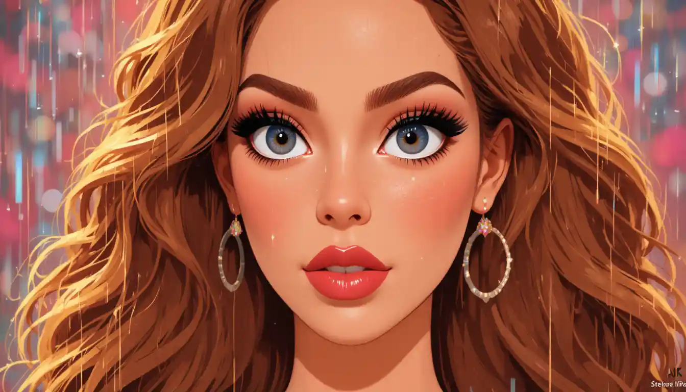 Romantic cartoon portrait of a glamorous woman with hearts