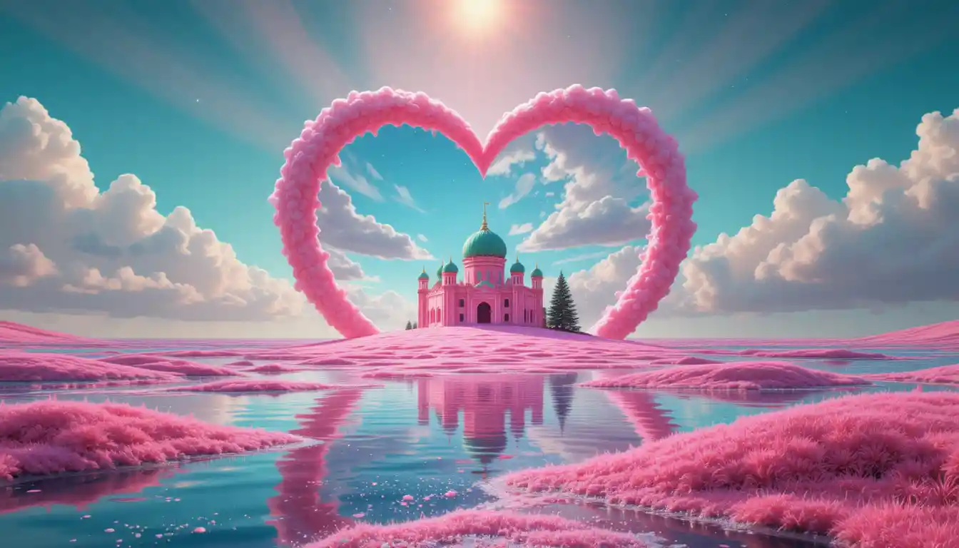 Surreal ocean horizon with glowing pink heart portal