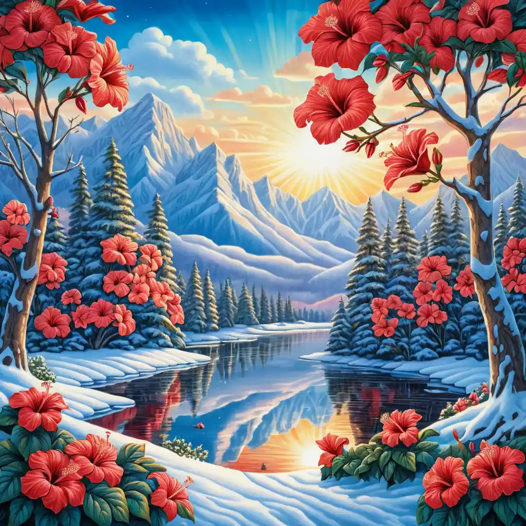 Winter meadow with snowy trees and distant mountains