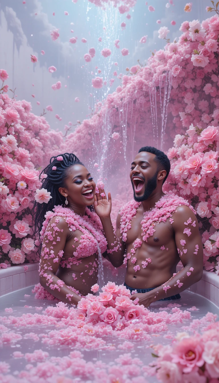 Joyful woman in flower filled bathroom with sweets