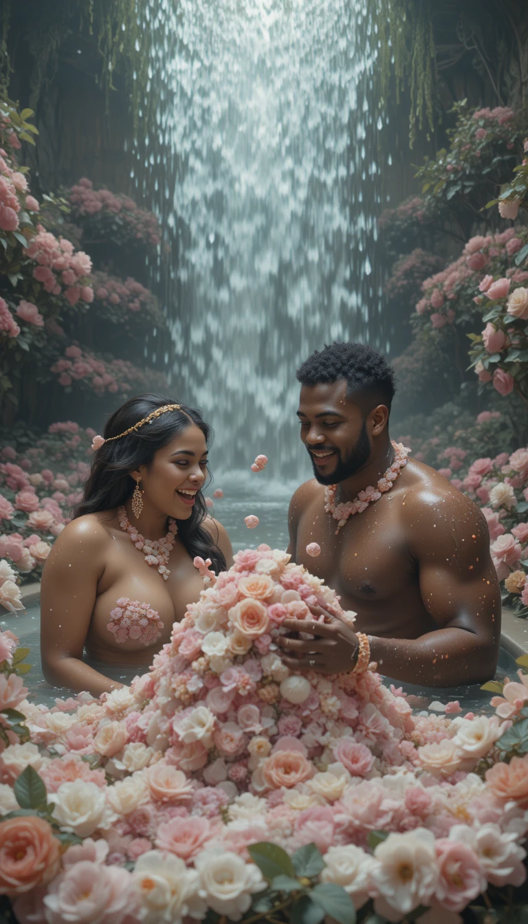 Mujer alegre en un baño lleno de flores silvestres