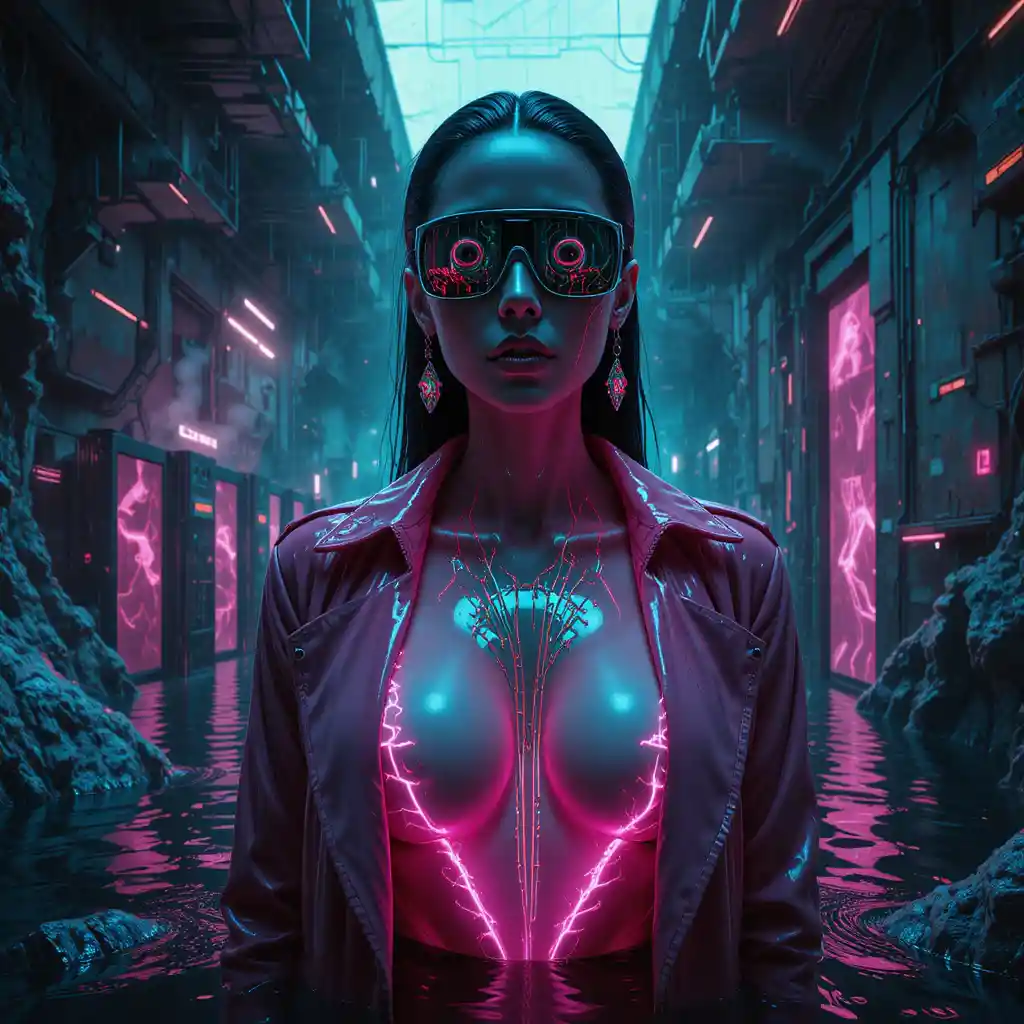 Cyberpunk femme fatale in flooded neon data bunker