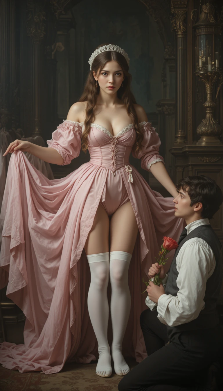 Junges Paar im rosa Kleid mit roter Blumen-Gabe