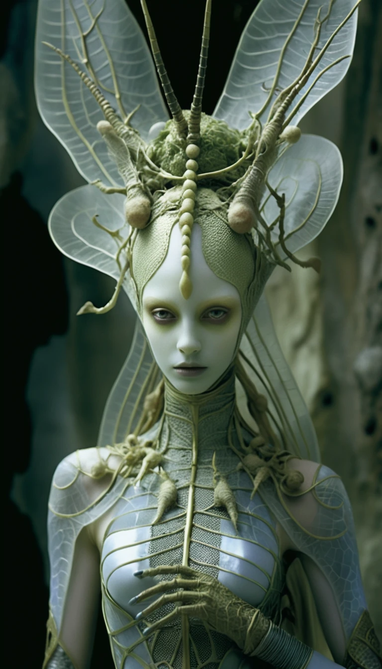 Biomorphic alien fairy woman in insect inspired crown