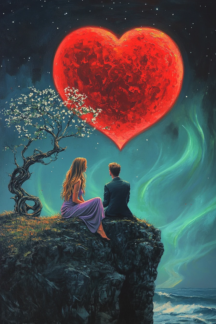 Romantic couple on a cliff under a red heart moon
