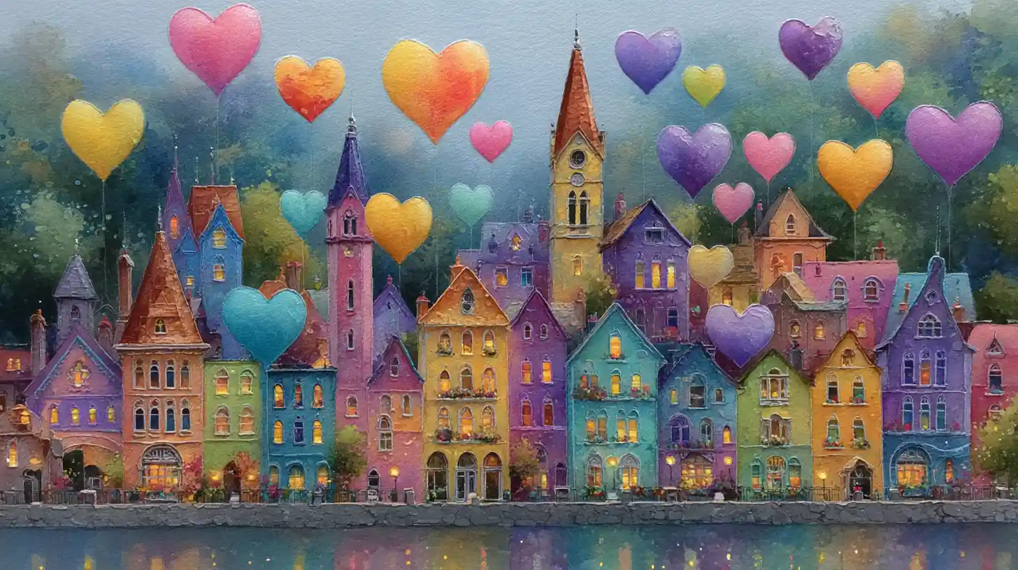 Whimsical watercolor fantasy cityscape with floating shining hearts