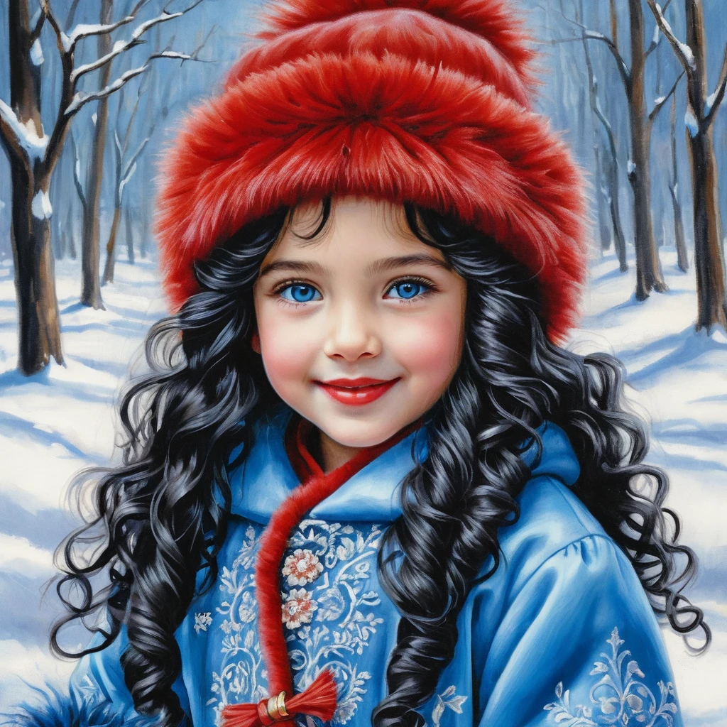 Niña sonriente de invierno con gorro y abrigo de pelo azul