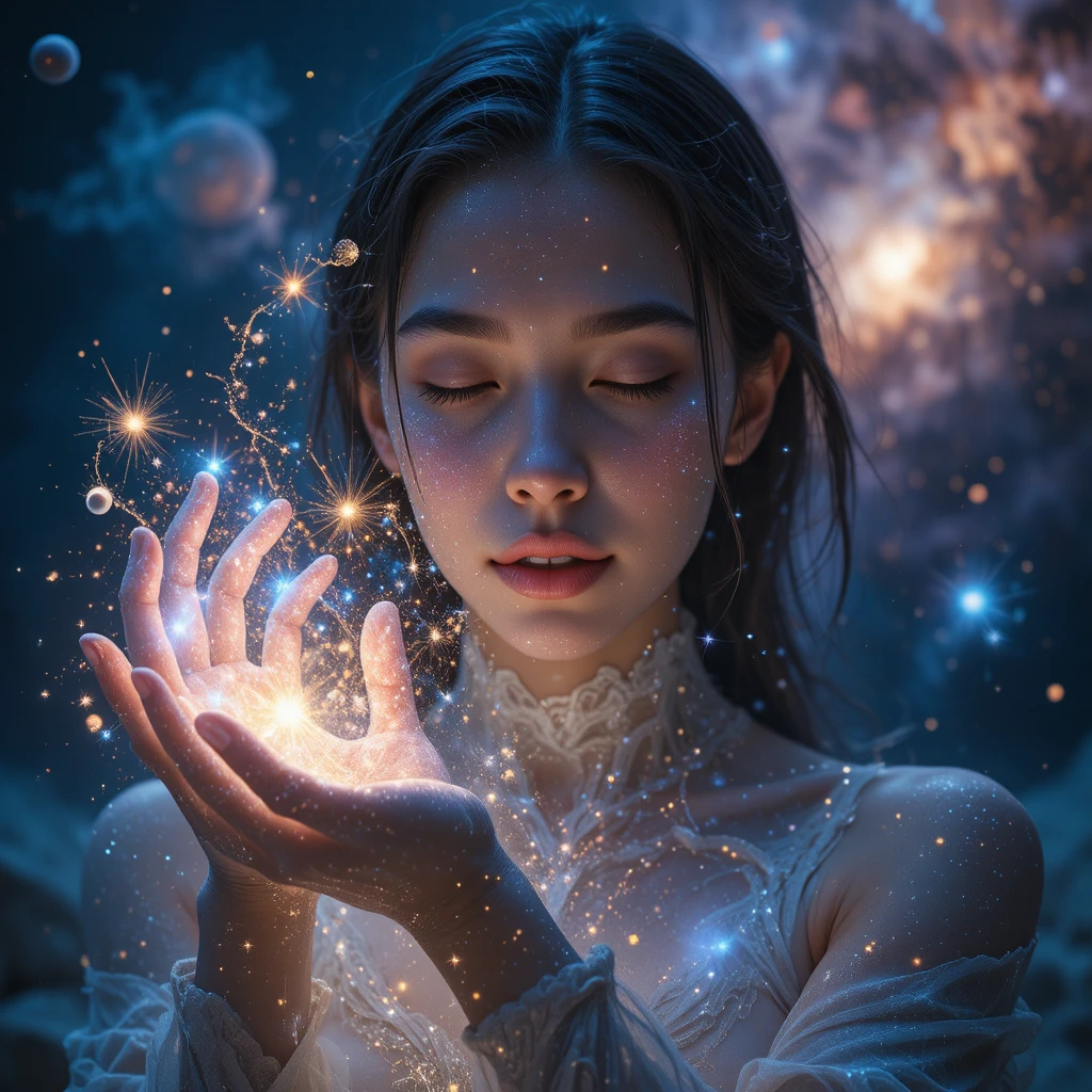 Celestial woman shaping a glowing galaxy with her hands
