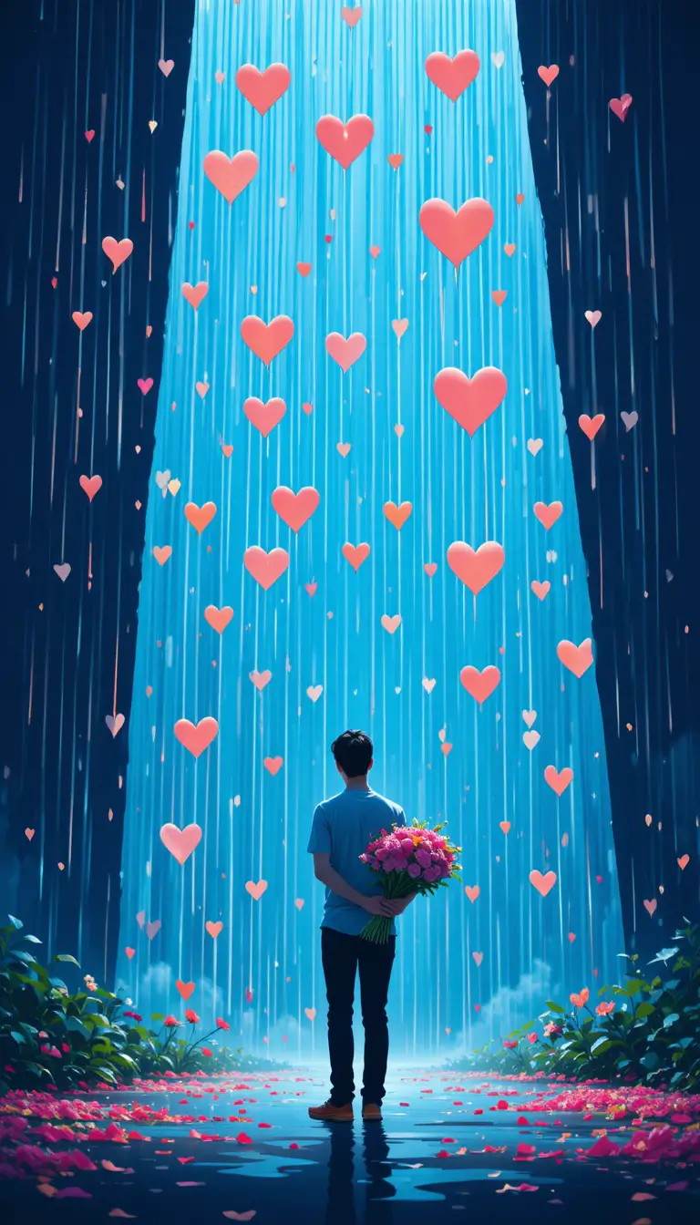 Pixar style woman standing with hearts and a flower bouquet