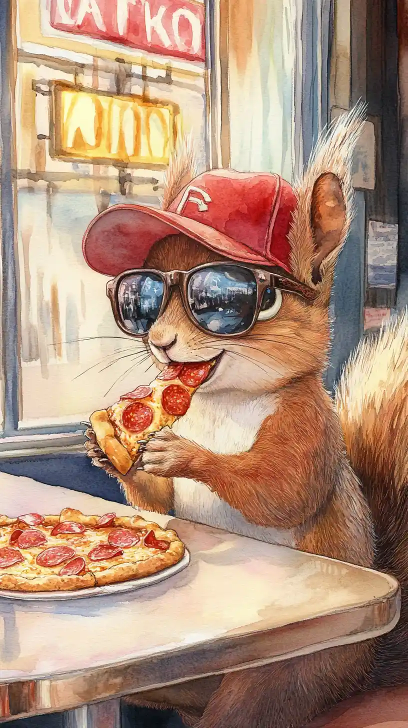 Cute squirrel in diner eating pizza with sunglasses