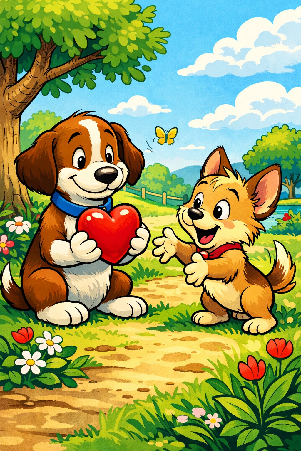 Due cani dei cartoni animati che condividono un cuore rosso in un parco