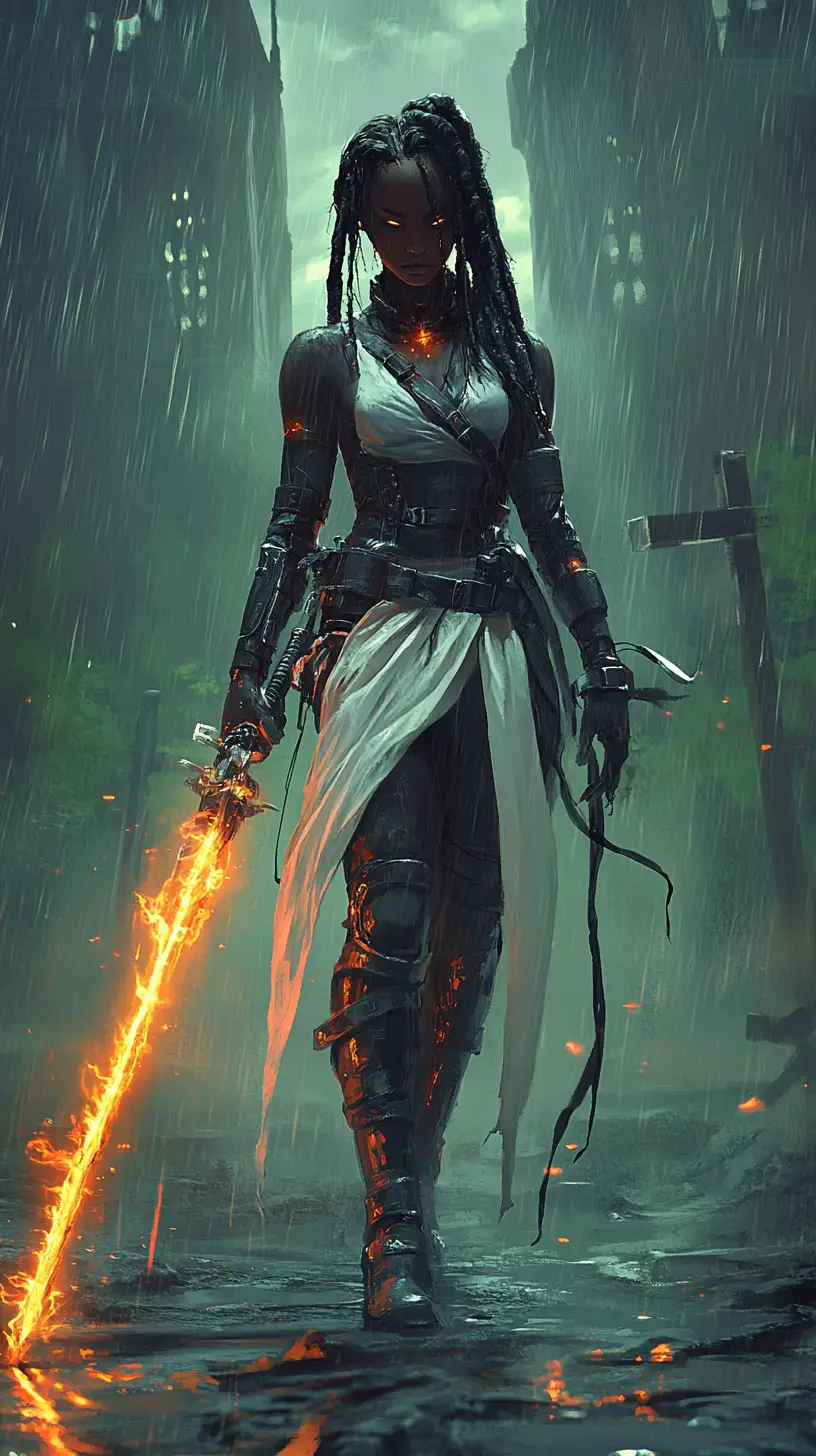 Afrofuturistic warrior woman in rain soaked gothic wasteland