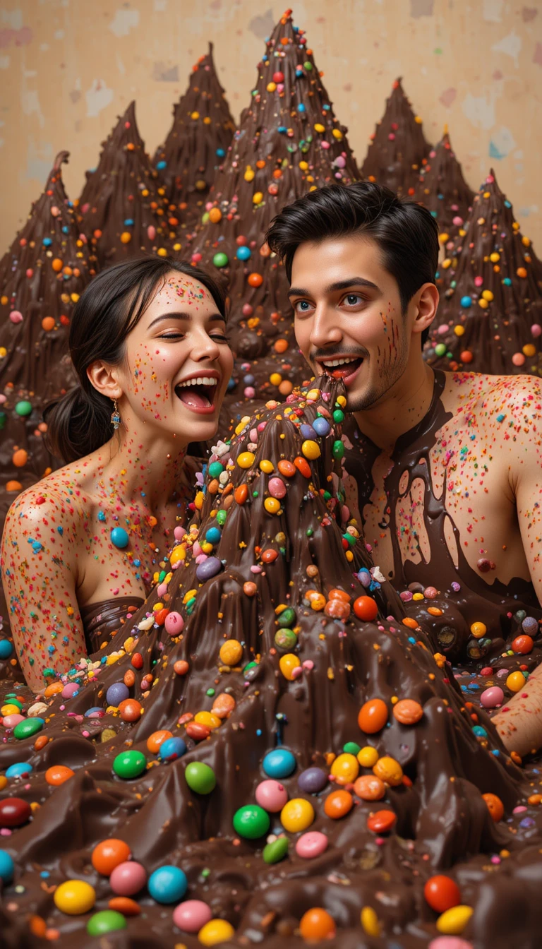 Mujer riendo en un baño lleno de espuma de chocolate
