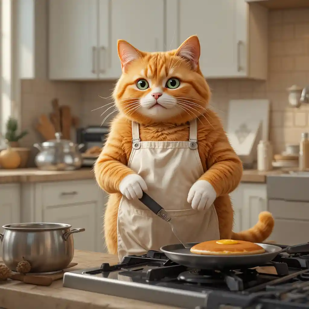 Ginger cat in apron cooking pancakes in a modern kitchen