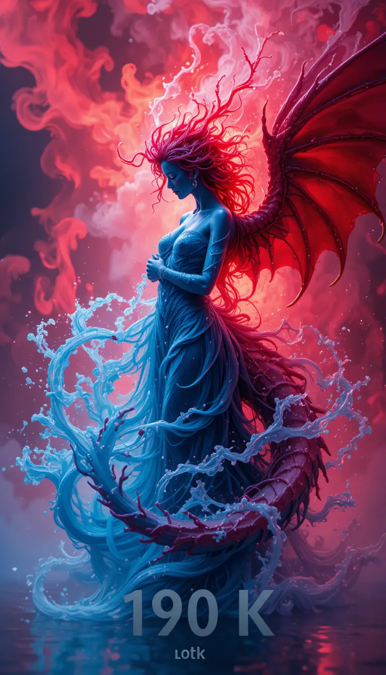Water woman embracing fiery winged dragon in pink flames