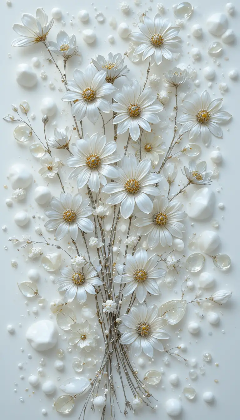Macro glass bead bouquet in abstract fluid art background