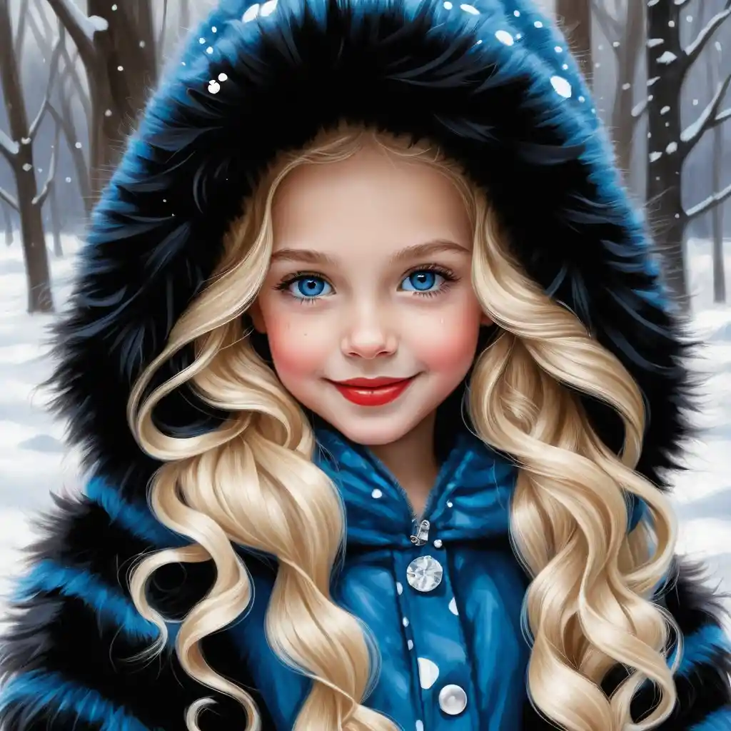 Smiling winter girl in black fur coat with blue eyes
