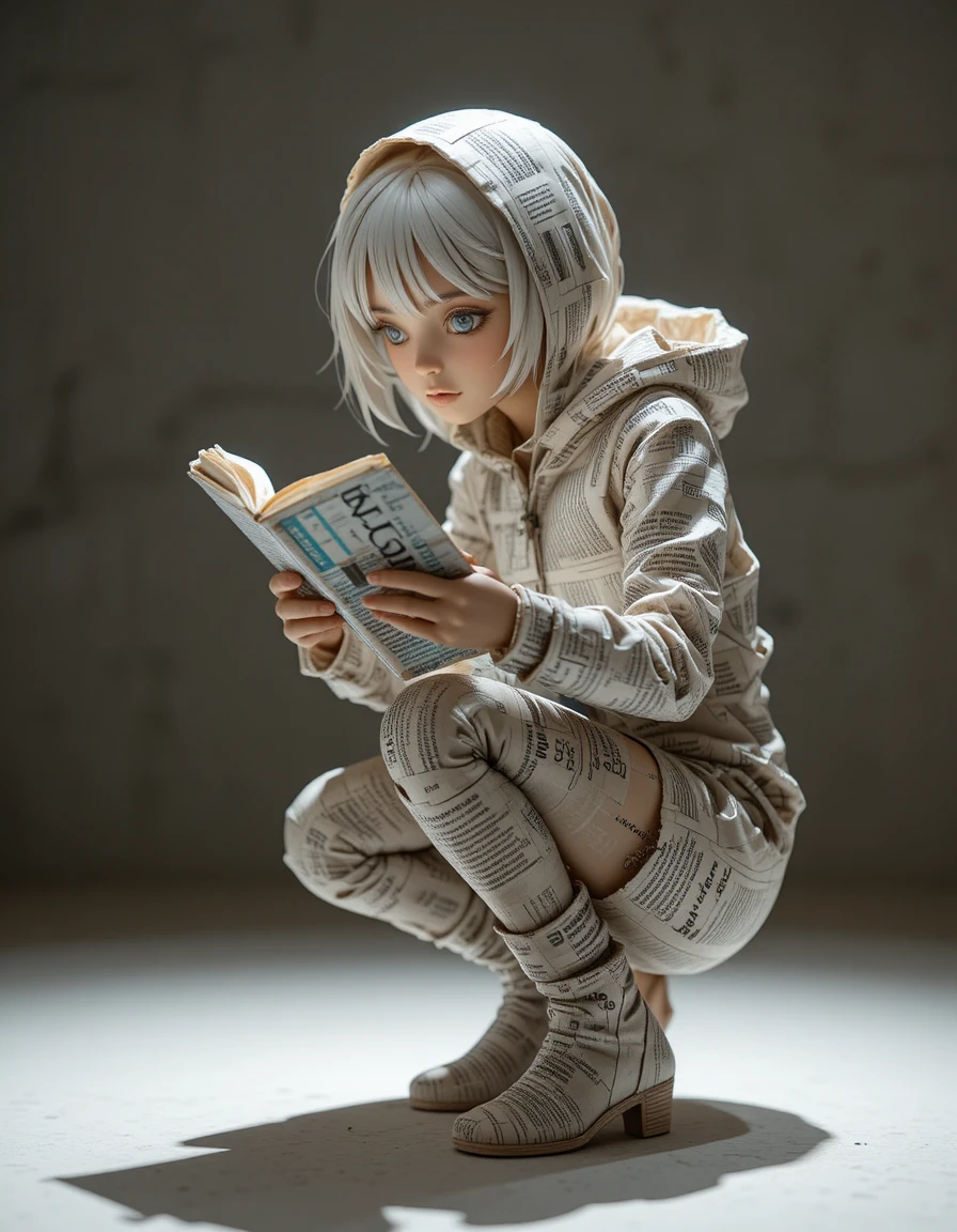Escultura de papel de una niña en cuclillas leyendo un libro en silencio