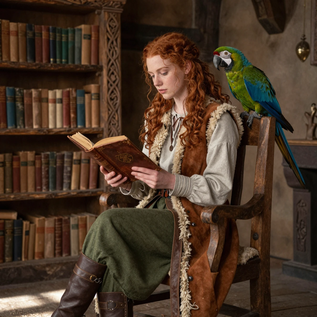 Red haired fantasy girl reading with a macaw nearby