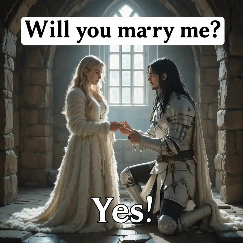 Knight proposal to woman in a bright stone chamber
