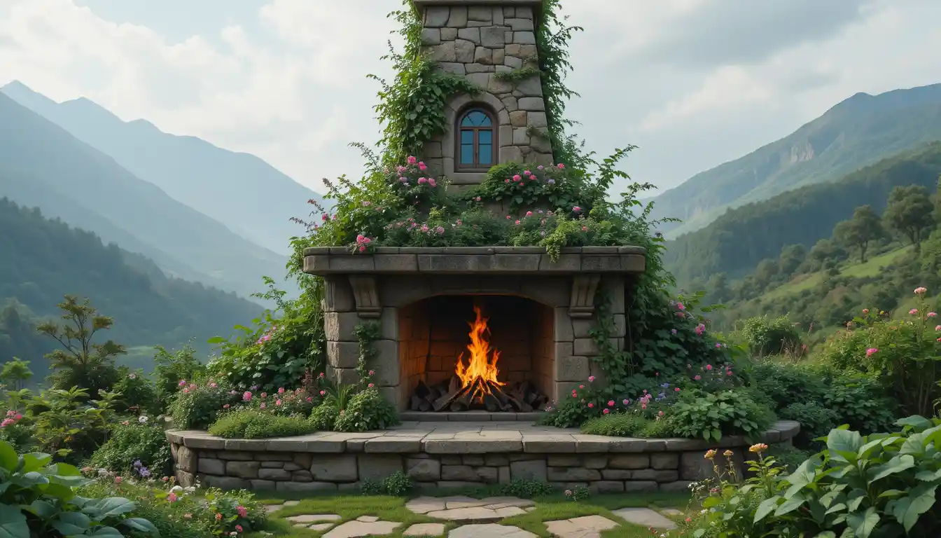 Cozy mountain house garden with outdoor fireplace
