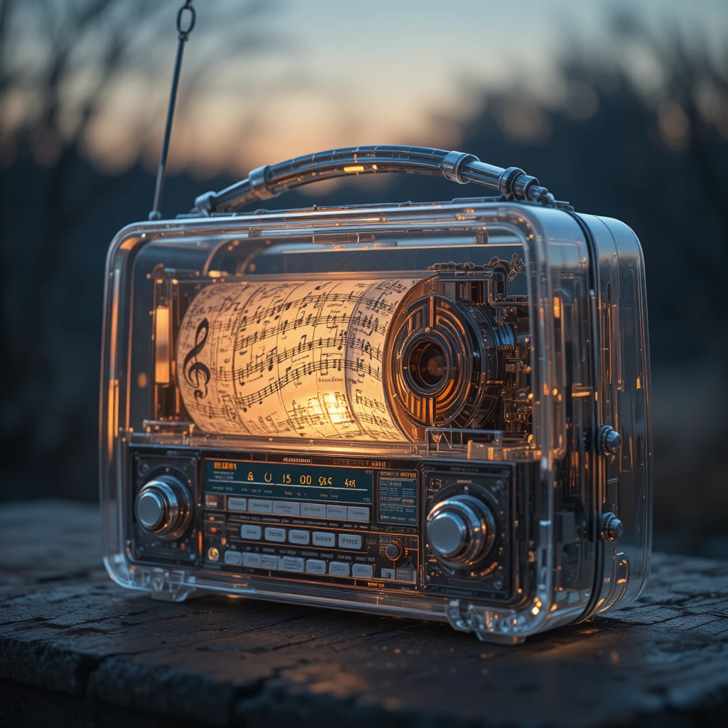 Glowing vintage transistor radio with drifting musical notes