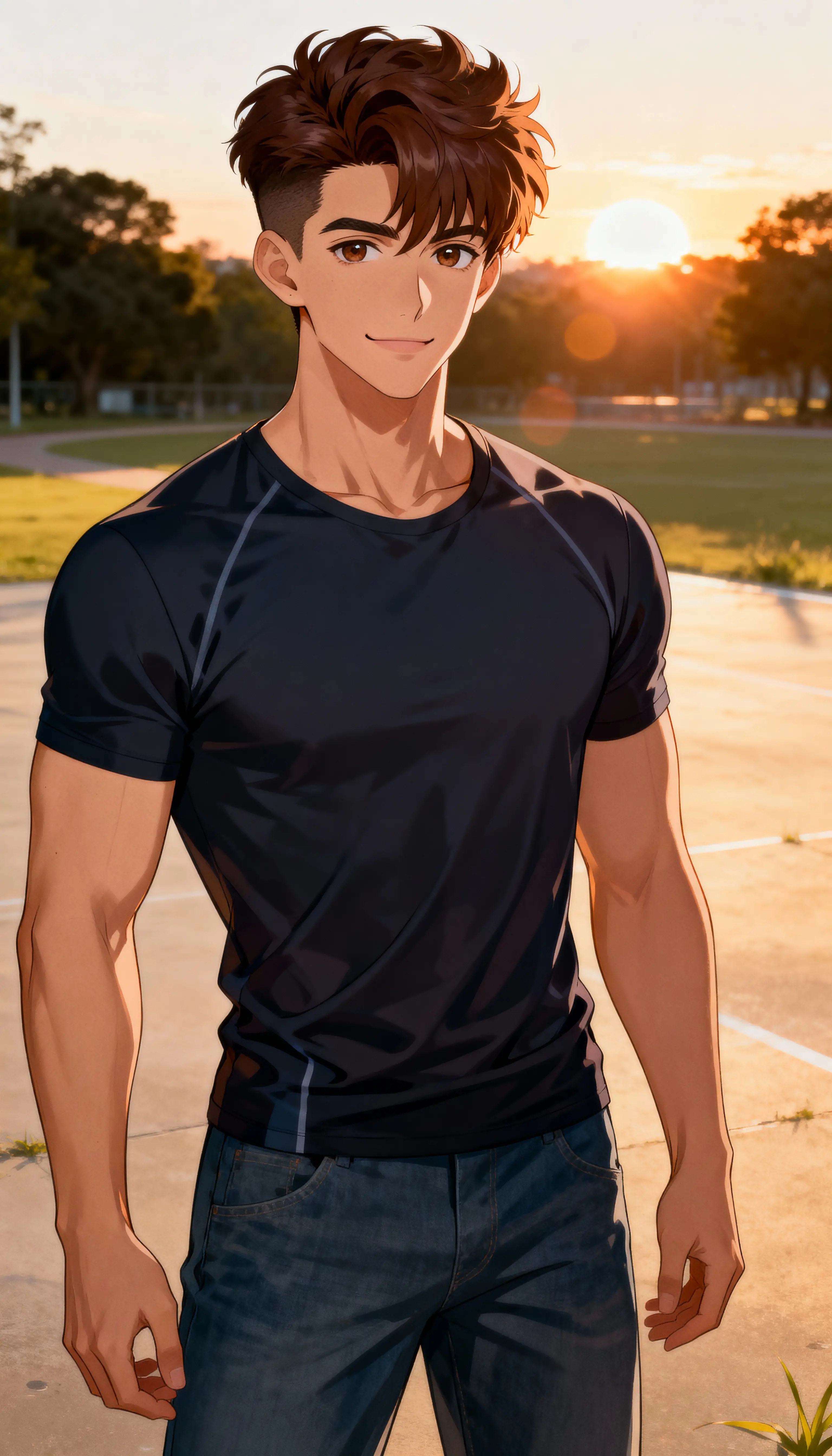 Hombre de anime confiado al atardecer con vista de cuerpo completo al aire libre