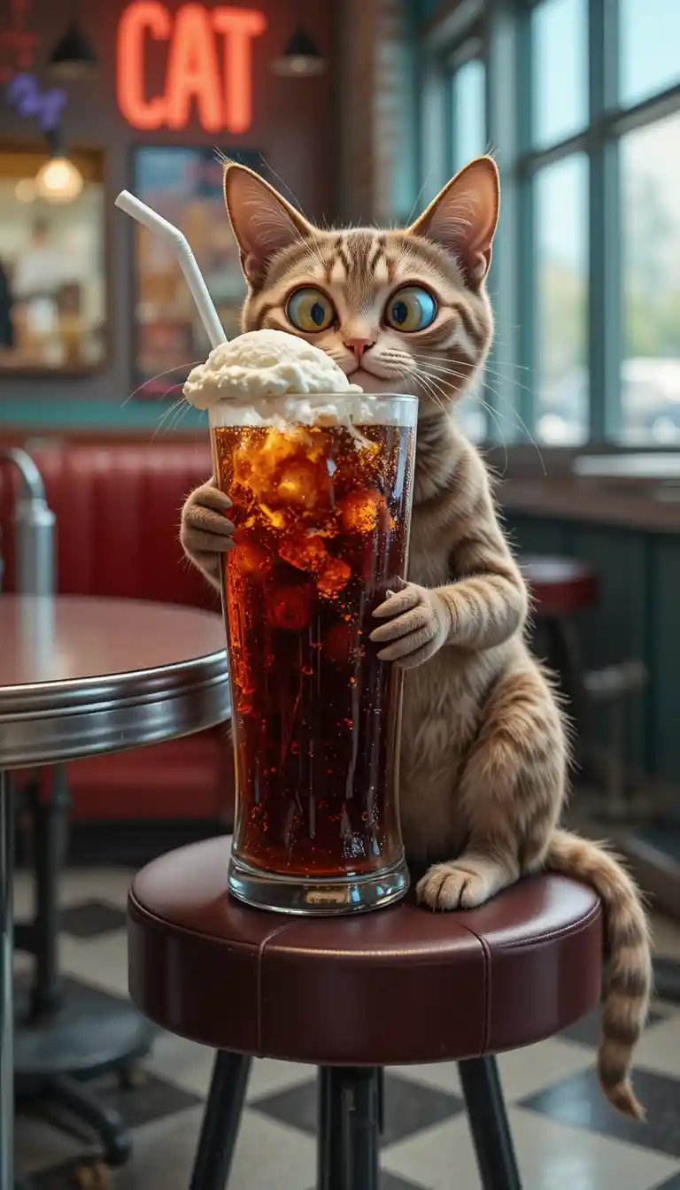 Gatto cartoon dagli occhi sporgenti che sorseggia Cherry Coke in una tavola calda