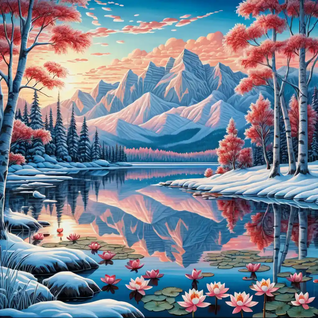Winter birch trees at sunrise over a snowy mountain lake