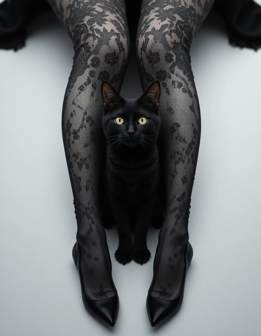 Gato negro entre piernas con encaje en blanco y negro