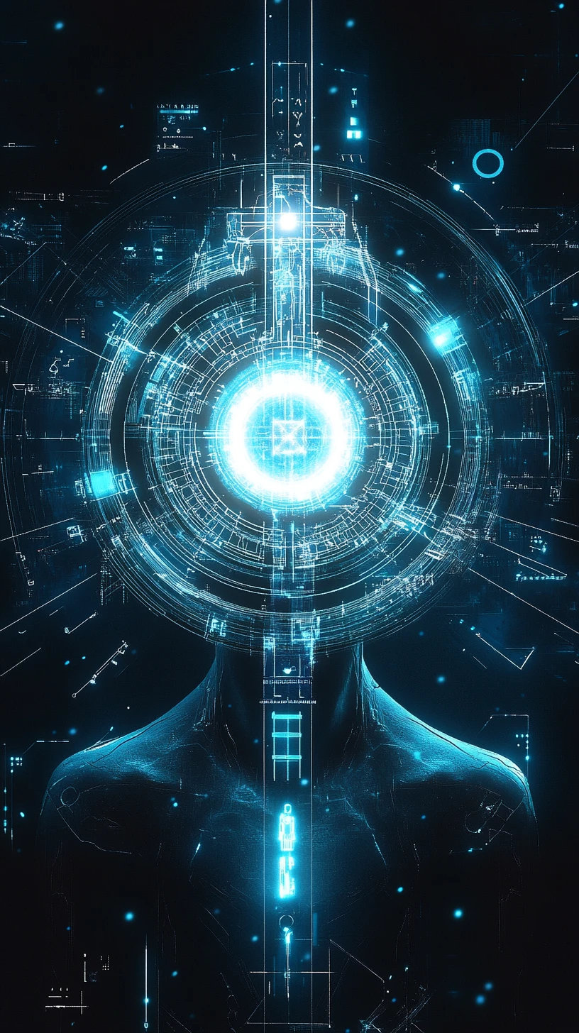 Noyau d’IA sci-fi kémétique avec interface holographique