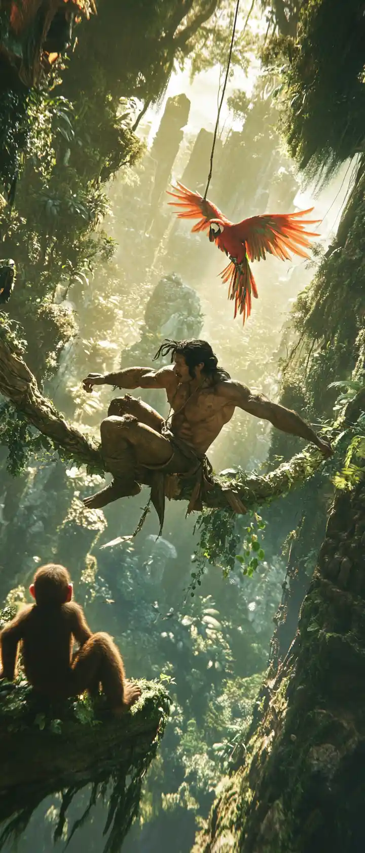 Tarzan swinging on a vine through a dramatic jungle