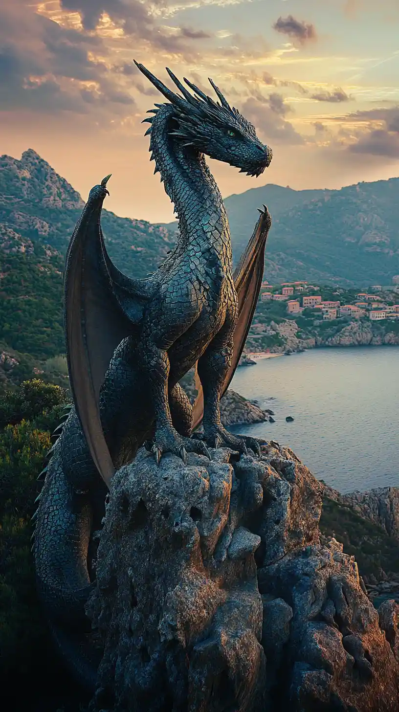 Dragão Guardião nas Falésias da Córsega ao Crepúsculo