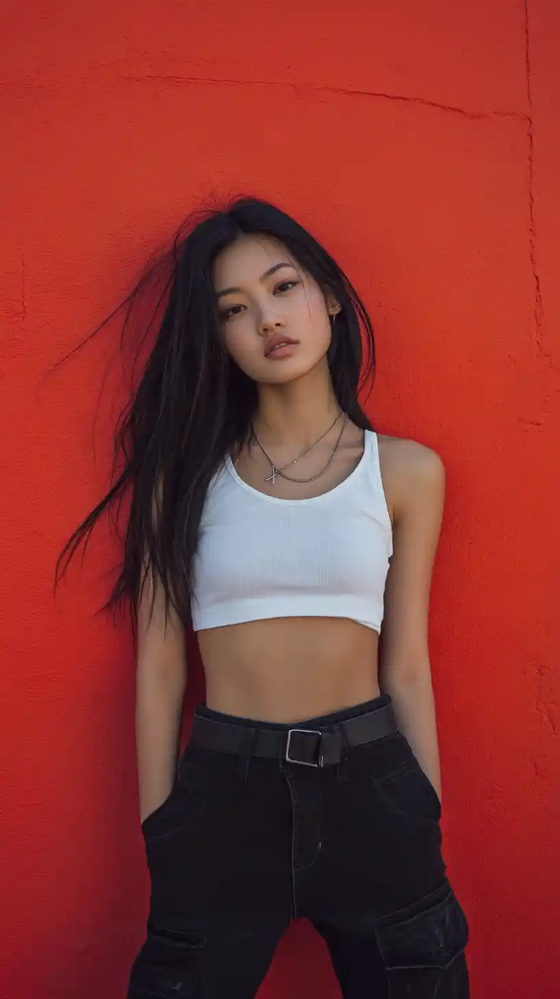 Young woman leaning against a dramatic red wall