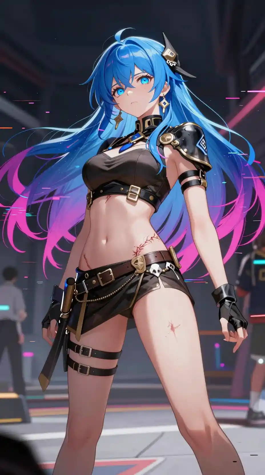Anime woman with blue eyes posing in public space
